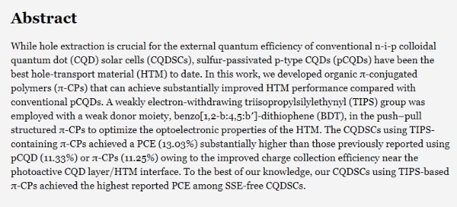 PbS-Bas ed Quantum Dot Solar Cells with Engineered π-Conjugated Polymers Achieve 13% Efficiency